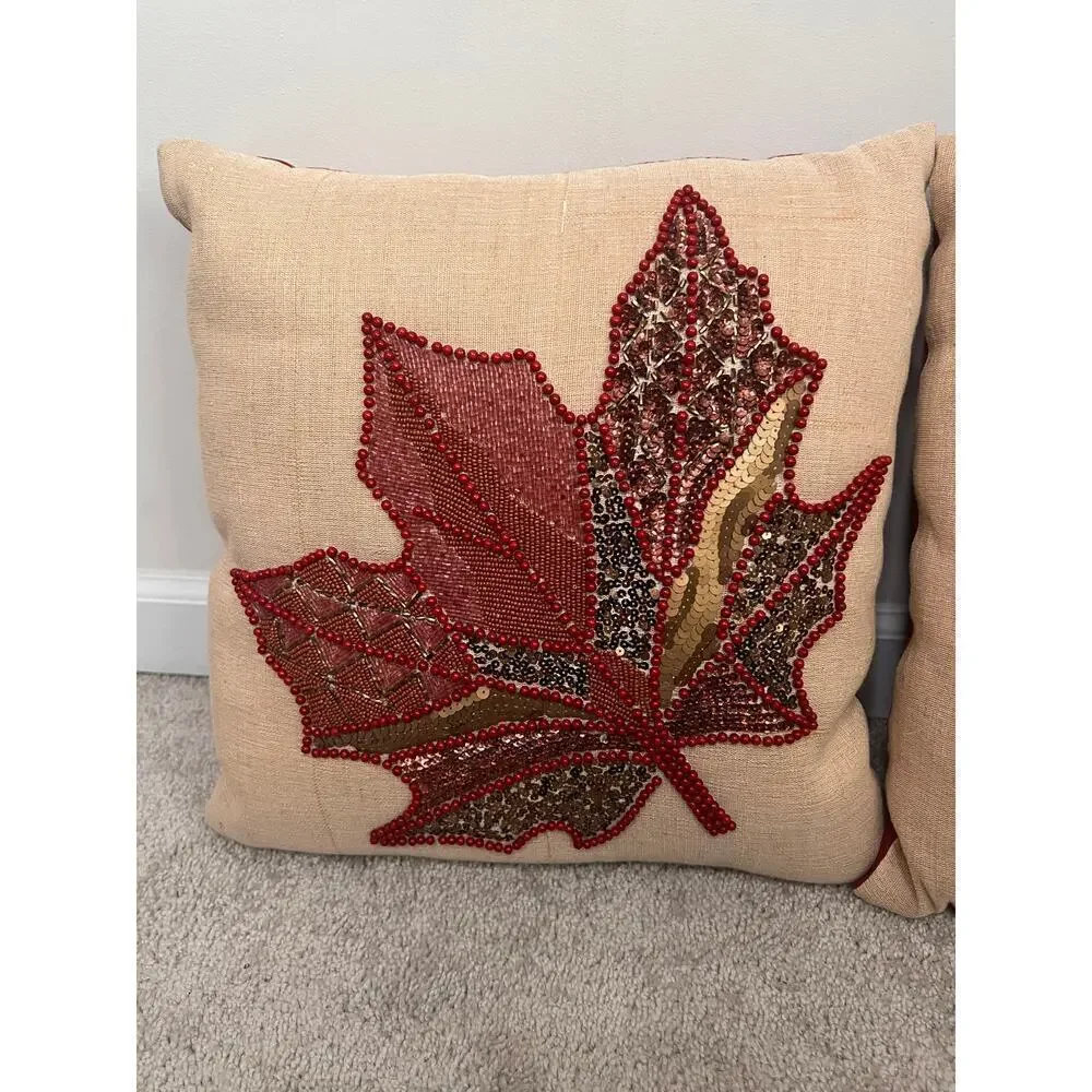 Pier 1 Linen Blend Beaded Sequin Leave Design Pillows 14x14 Set of 2 - Picture 2 of 10